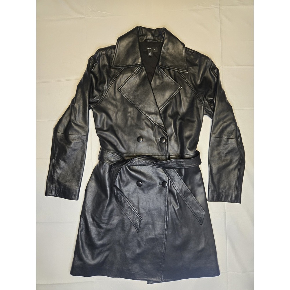 Halogen Double Breasted Leather Trench Coat Black XS‎ Soft Lined Cinch Tie Waist